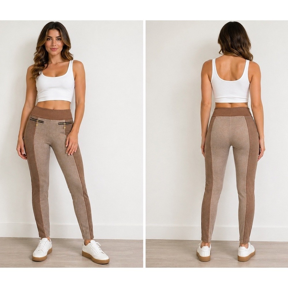 Yelete Khaki Colorblock Leggings Womens One Size High Waist Zip Detail NWT!